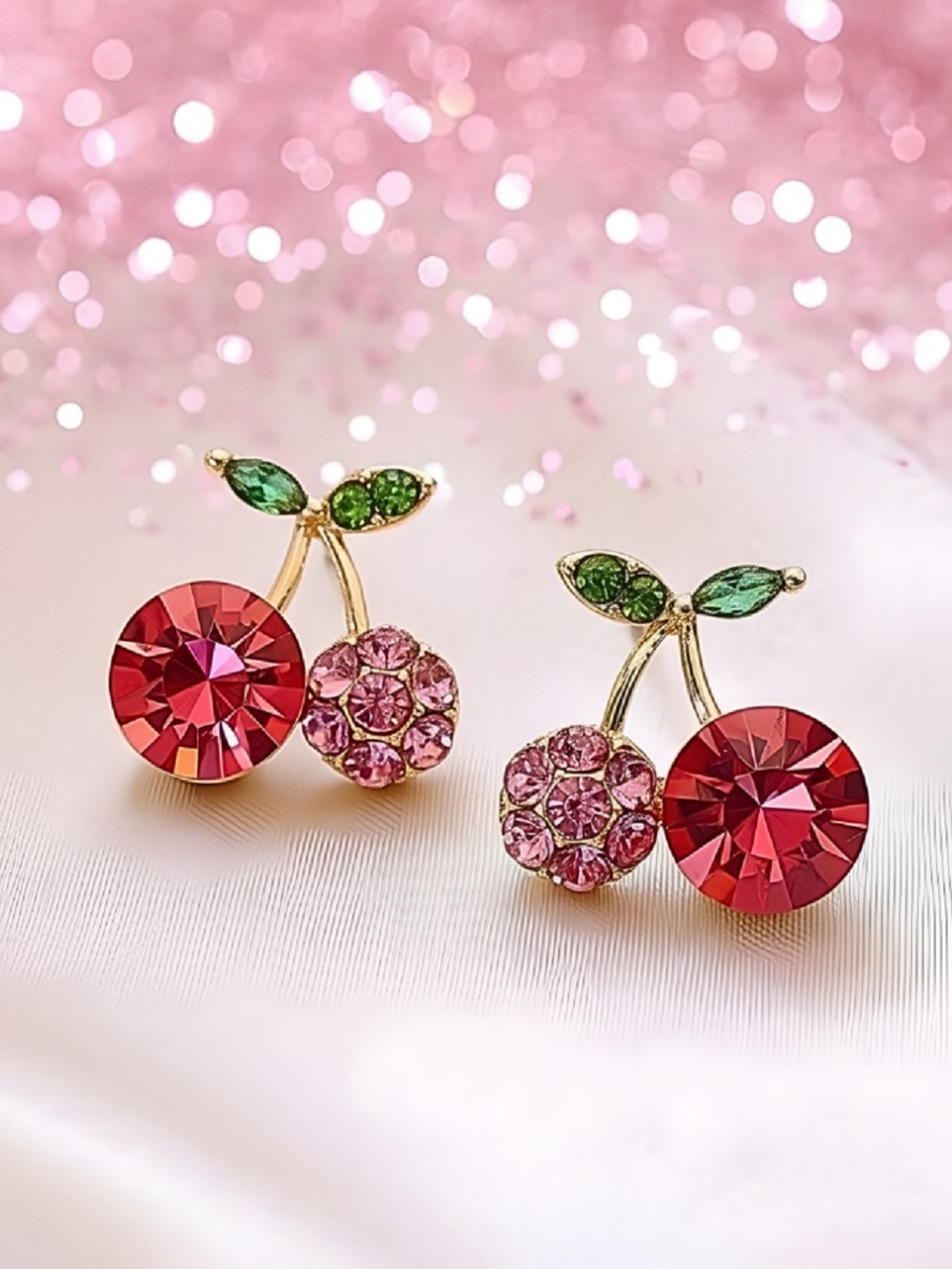 Elegant Pink and Green Crystal Cherry Earrings